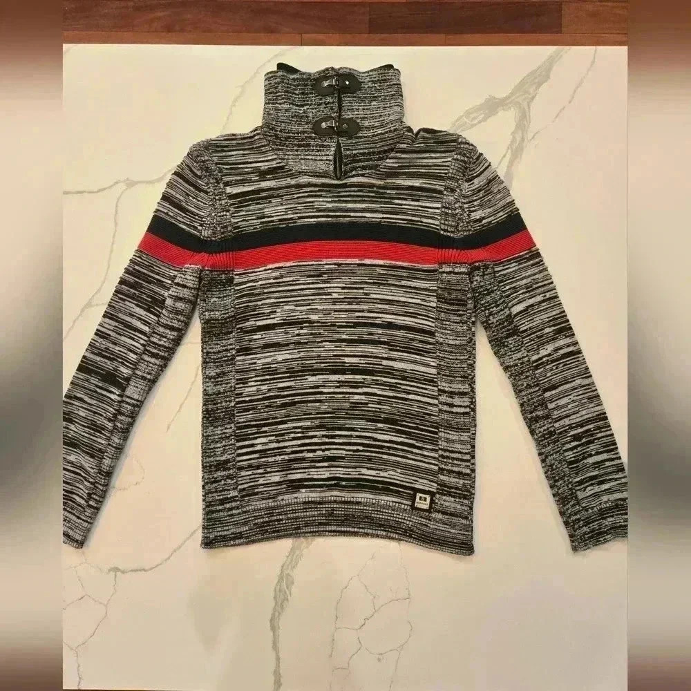 Barabas Mens Turtleneck Stand Up Collar Striped Knit Sweater Gray Size Large